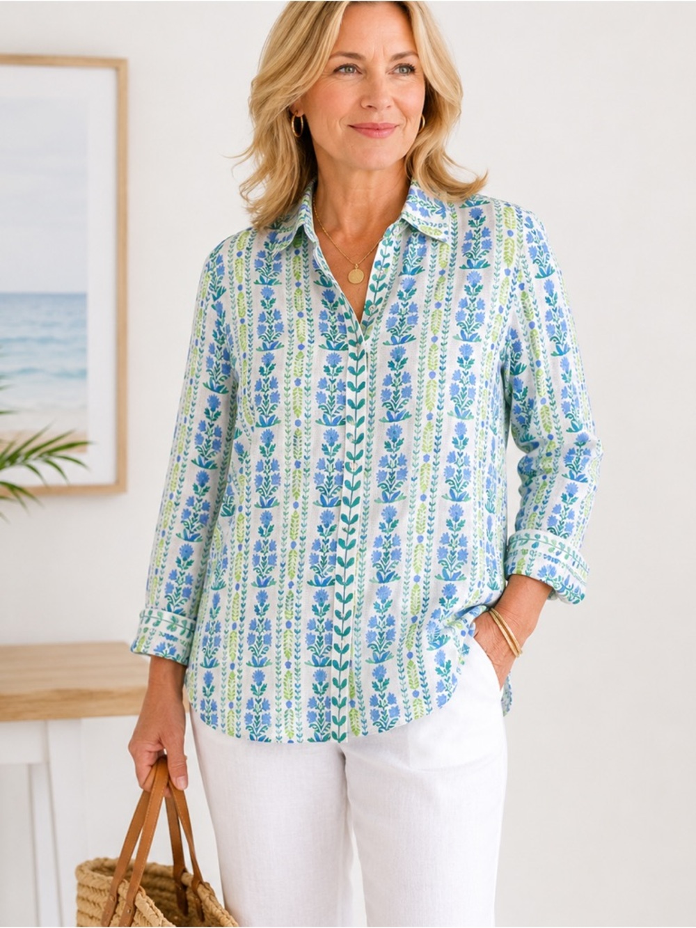 Sigrid Olsen Shirt Women’s S Blue Green Floral Button Front 100% Linen NWT